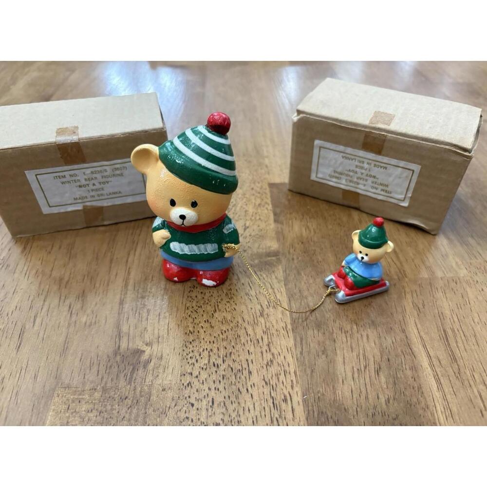 Lot Of 2 Enesco Winter Bear Figurine E-5236 3607 Bear W/Cub 3.5"  Sled